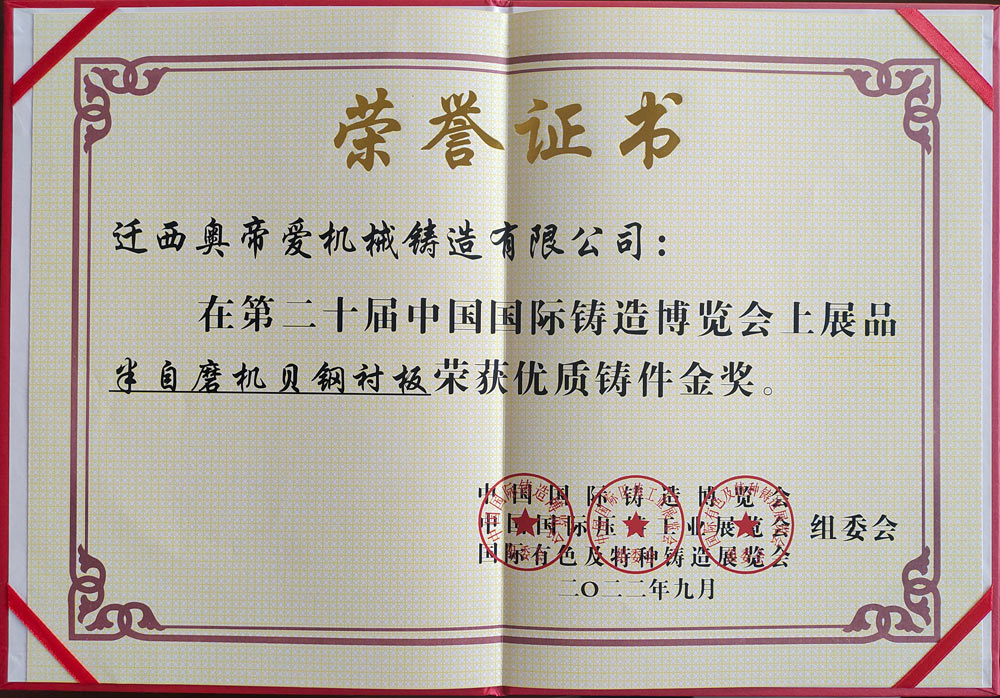 第二十届中国国际铸造博览会荣获金奖